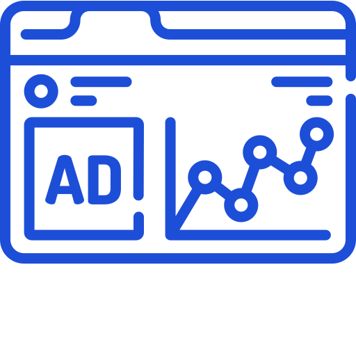 Blue outline icon of digital advertising dashboard showing AD label and performance analytics graph