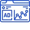 Blue outline icon of digital advertising dashboard showing AD label and performance analytics graph