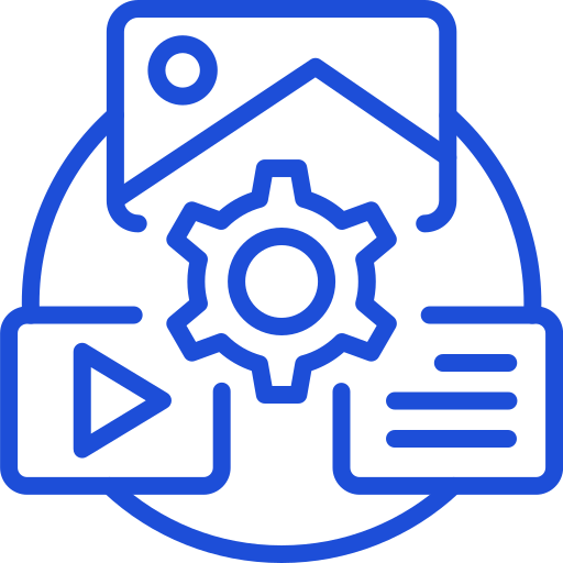 Blue line icon of media management interface with gear, image placeholder, play button and menu options