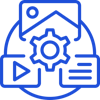 Blue line icon of media management interface with gear, image placeholder, play button and menu options