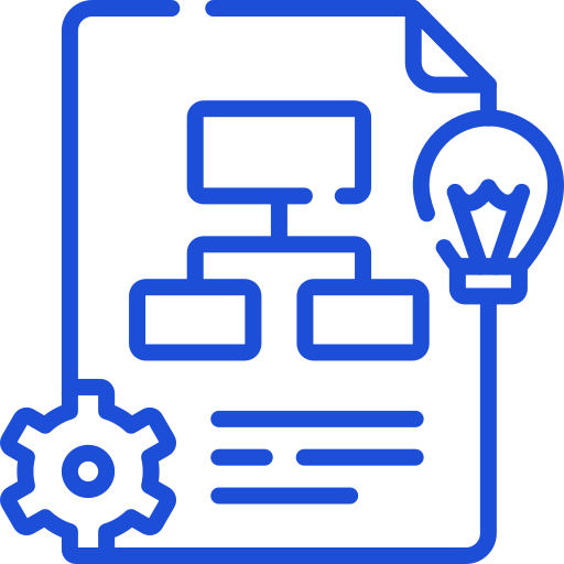 Blue document flowchart icon with lightbulb and gear, illustrating strategic planning and business process optimization