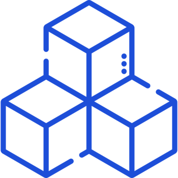 Blue line illustration of blockchain technology with three connected cubes in an isometric arrangement, representing digital infrastructure or data storage solution