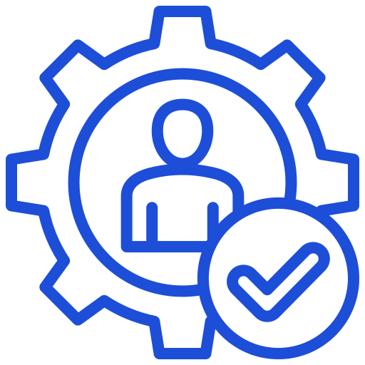 Blue gear icon with figure silhouette and checkmark, representing user management system or verified account settings