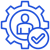 Blue gear icon with figure silhouette and checkmark, representing user management system or verified account settings