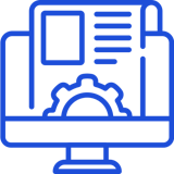 Blue outline icon of a computer monitor with document and settings gear, representing website administration or content management system