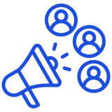 Blue outline icon of a megaphone with user icons, representing marketing outreach or audience communication