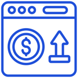Blue outline icon of a browser window with dollar sign and upload arrow, representing online payment processing or financial transactions