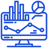 Blue outline icon of a computer screen displaying analytics with bar graphs, pie chart, and trend line, representing data visualization and business intelligence