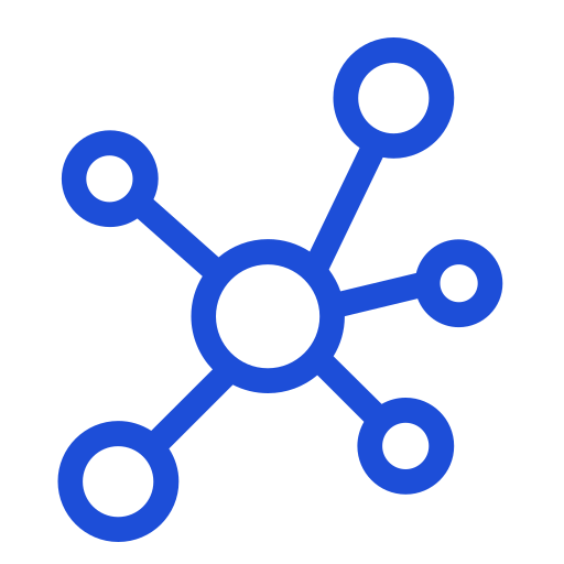 Blue network connection icon showing central node with multiple connecting points, representing data sharing or connectivity solutions