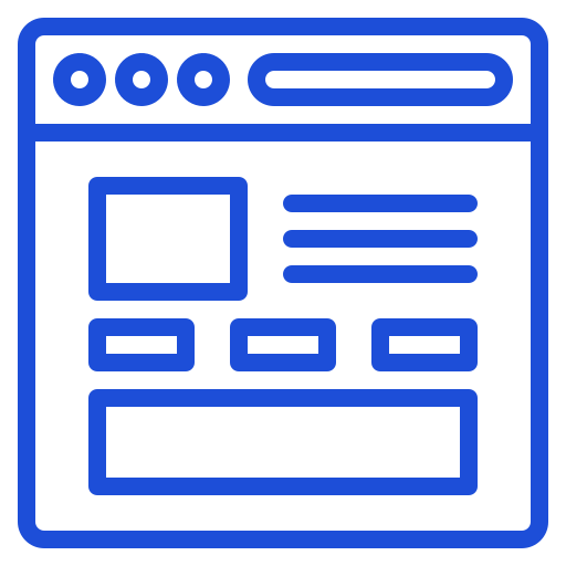 Blue website interface icon showing layout with navigation menu, content area and action buttons, representing web design template