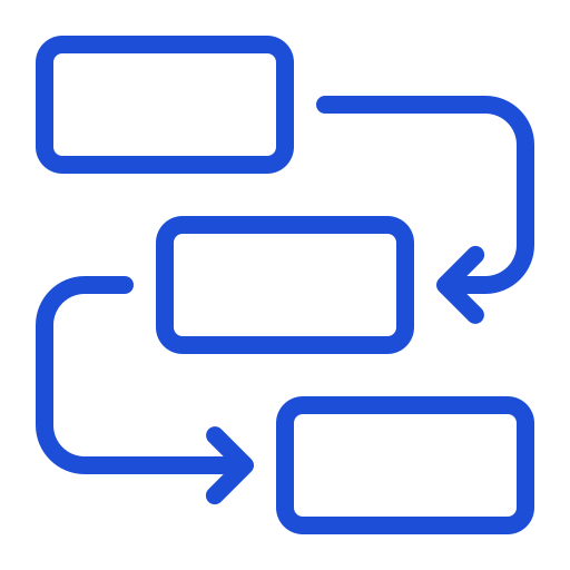 Blue outline icon showing a workflow or process cycle with connected rectangular nodes and directional arrows