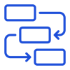 Blue outline icon showing a workflow or process cycle with connected rectangular nodes and directional arrows